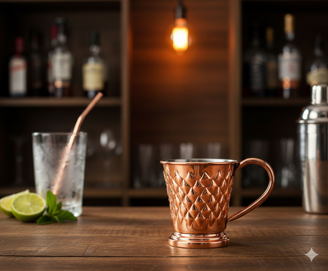 Pure copper bucket shaped diamond hammered design moscow mule beer mug cup, best for beer cocktail parties, barware, volume, 450 ML
